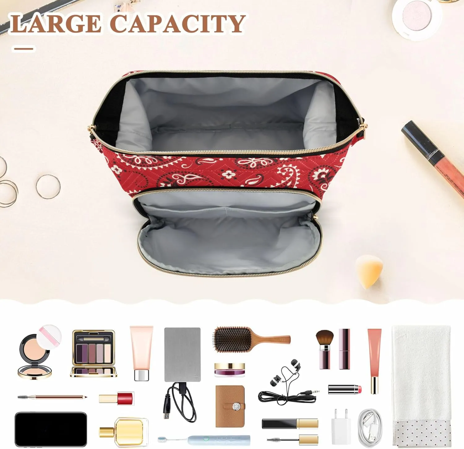 Makeup Bag Cosmetic Bag, Red Paisely Ornament Large Capacity Travel Pouch Makeup Case Organizer for Women Toiletry Bag with Zipper for Ladies Girls