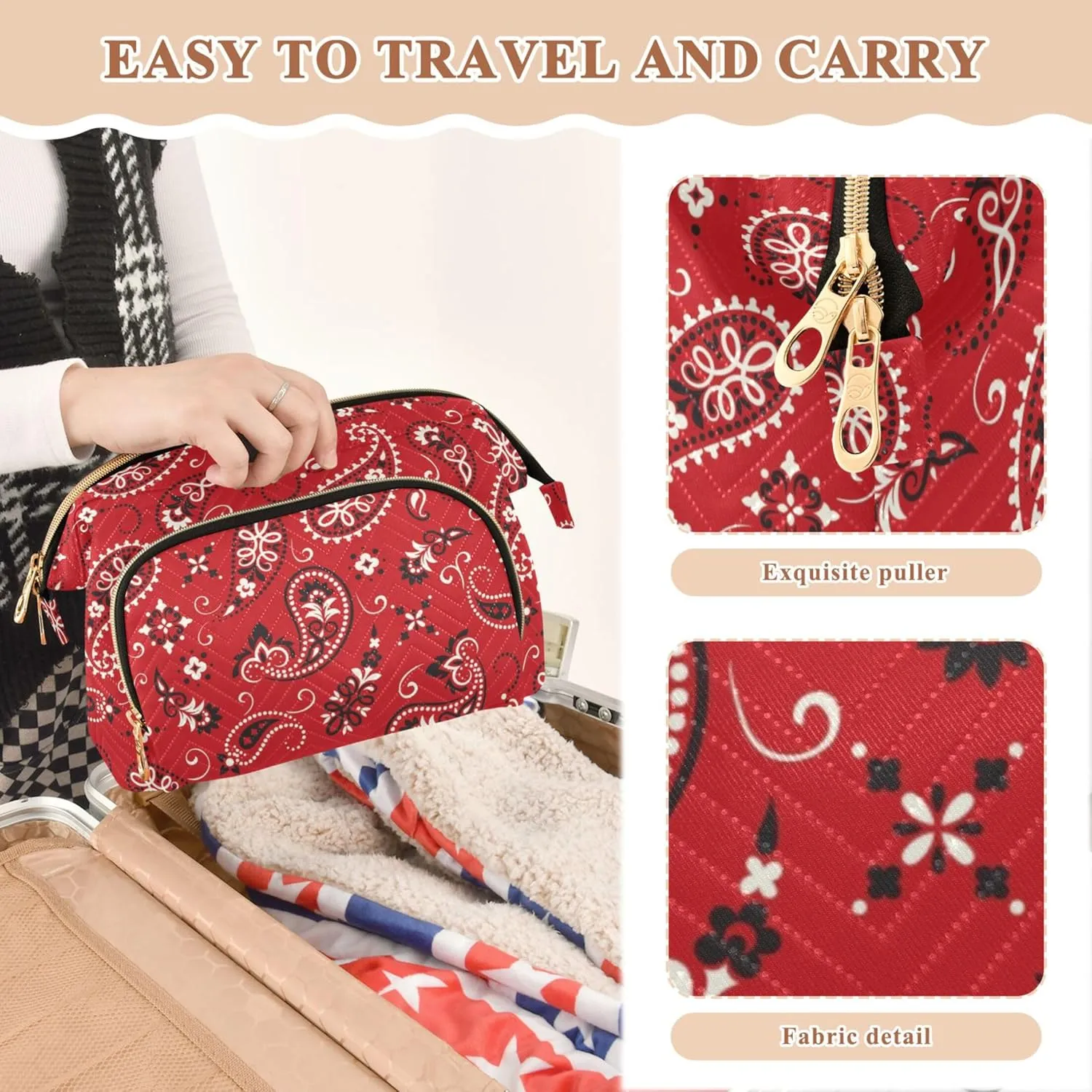 Makeup Bag Cosmetic Bag, Red Paisely Ornament Large Capacity Travel Pouch Makeup Case Organizer for Women Toiletry Bag with Zipper for Ladies Girls