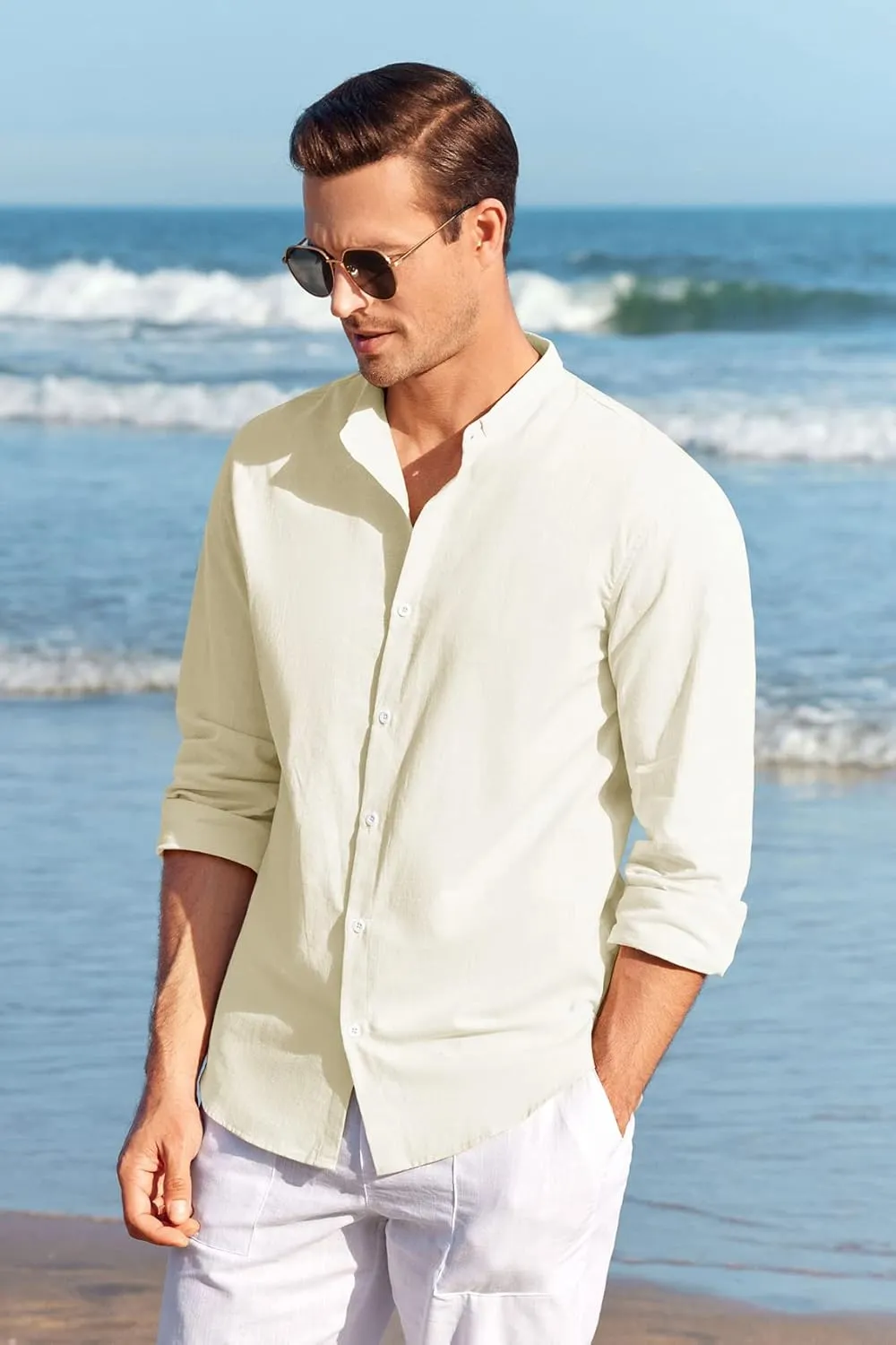 Makkrom Men Linen Shirt Button Down Long Sleeve Cotton Beach Band Collar Casual Summer Shirts