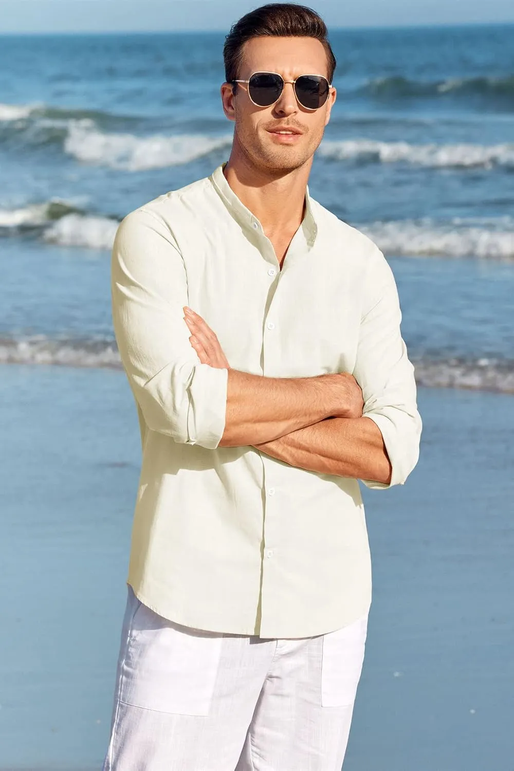 Makkrom Men Linen Shirt Button Down Long Sleeve Cotton Beach Band Collar Casual Summer Shirts