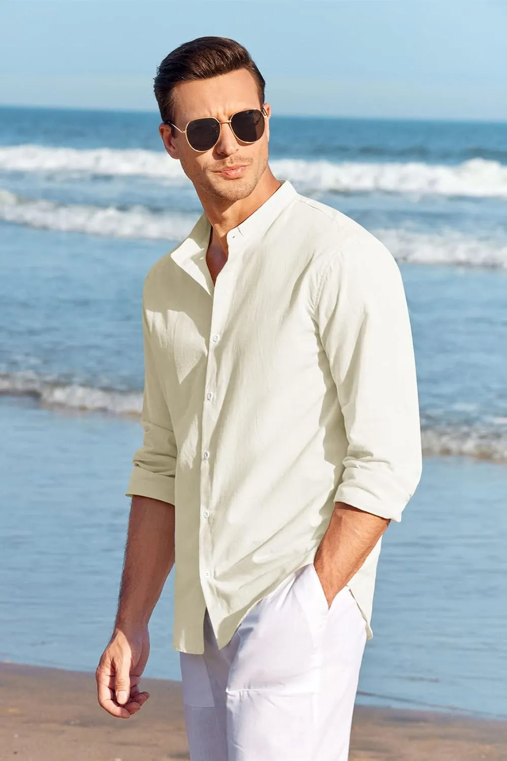 Makkrom Men Linen Shirt Button Down Long Sleeve Cotton Beach Band Collar Casual Summer Shirts