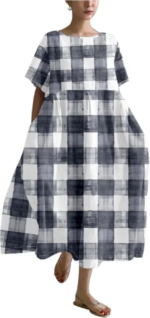 MARSVOVO Summer Dresses Multicolour Boho Floral Grid Colorblock Print Plus Size Casual Short Sleeve Dresses for Women