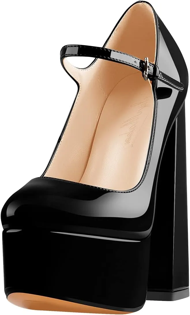 Mary Jane Platform Chunky High Heels Ankle Strap Close Toe Pumps