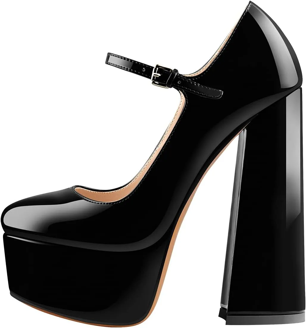Mary Jane Platform Chunky High Heels Ankle Strap Close Toe Pumps