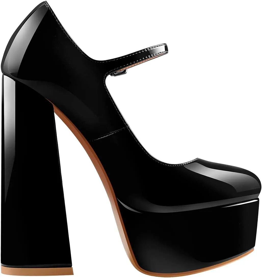 Mary Jane Platform Chunky High Heels Ankle Strap Close Toe Pumps
