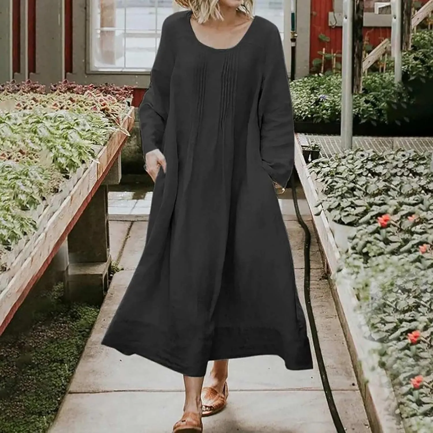 Maxi Dress for Women 2025 Cotton Linen Trendy Pleated Beach Dress Loose Flowy Solid Color Casual Vacation Dresses