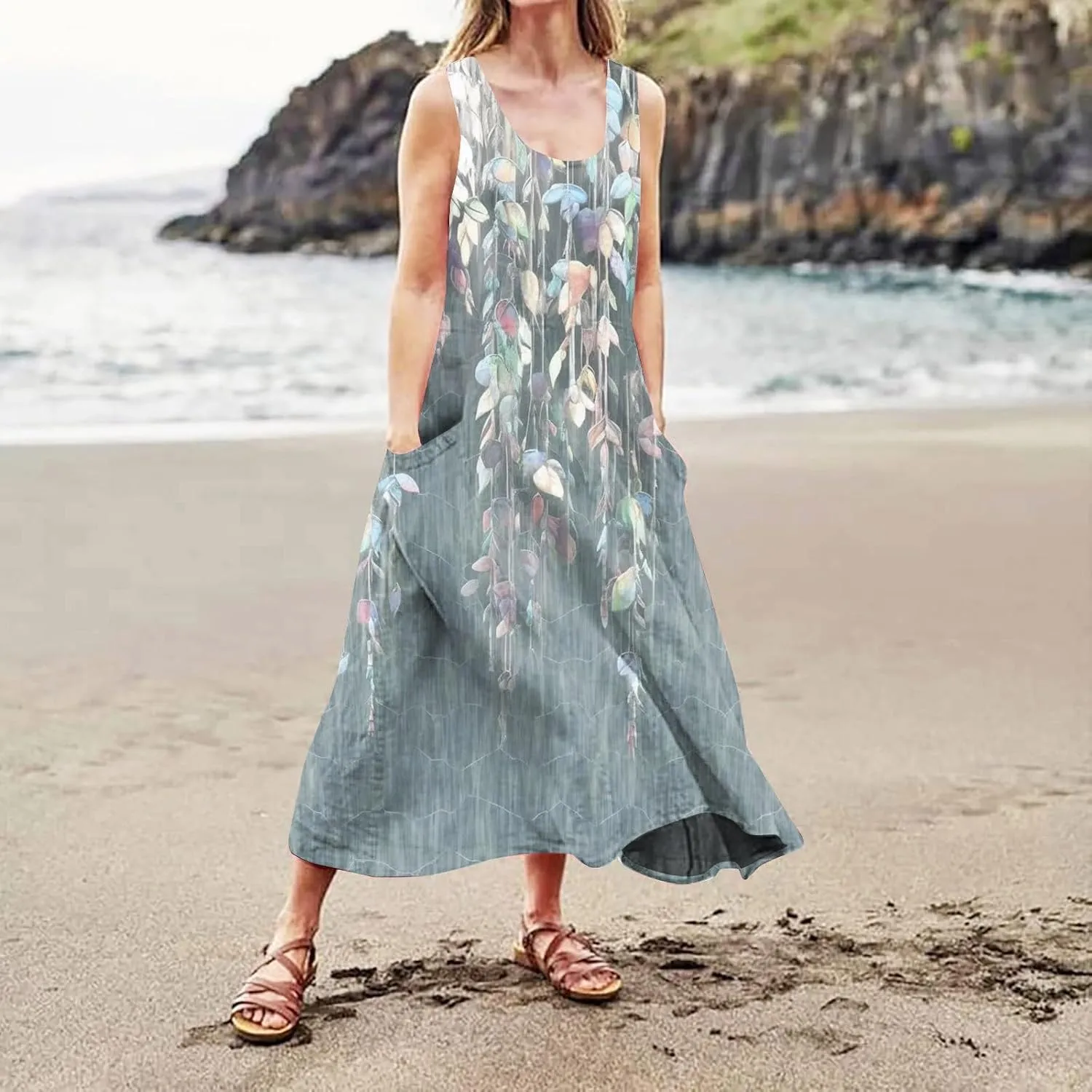 Maxi Linen Dresses for Women Summer Sleeveless U Neck Dresses Beach Boho A Line Tank Long Dresses with Pockets