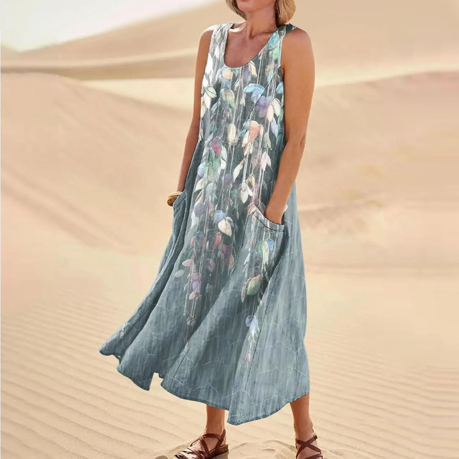 Maxi Linen Dresses for Women Summer Sleeveless U Neck Dresses Beach Boho A Line Tank Long Dresses with Pockets