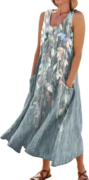 Maxi Linen Dresses for Women Summer Sleeveless U Neck Dresses Beach Boho A Line Tank Long Dresses with Pockets