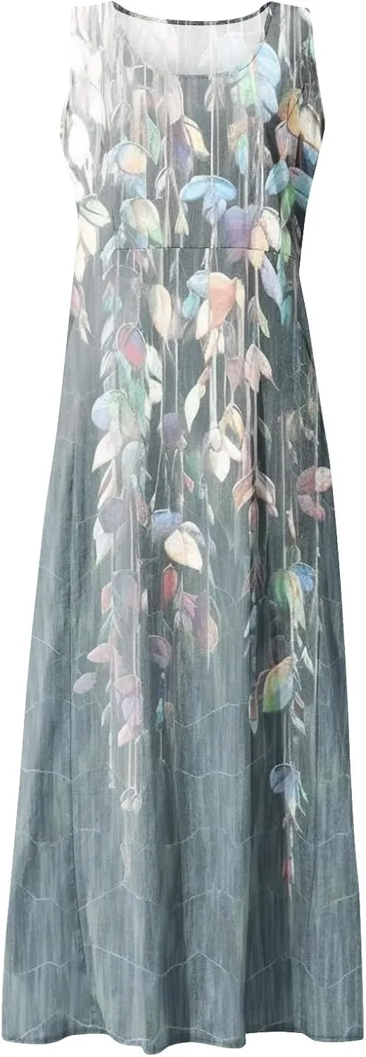 Maxi Linen Dresses for Women Summer Sleeveless U Neck Dresses Beach Boho A Line Tank Long Dresses with Pockets