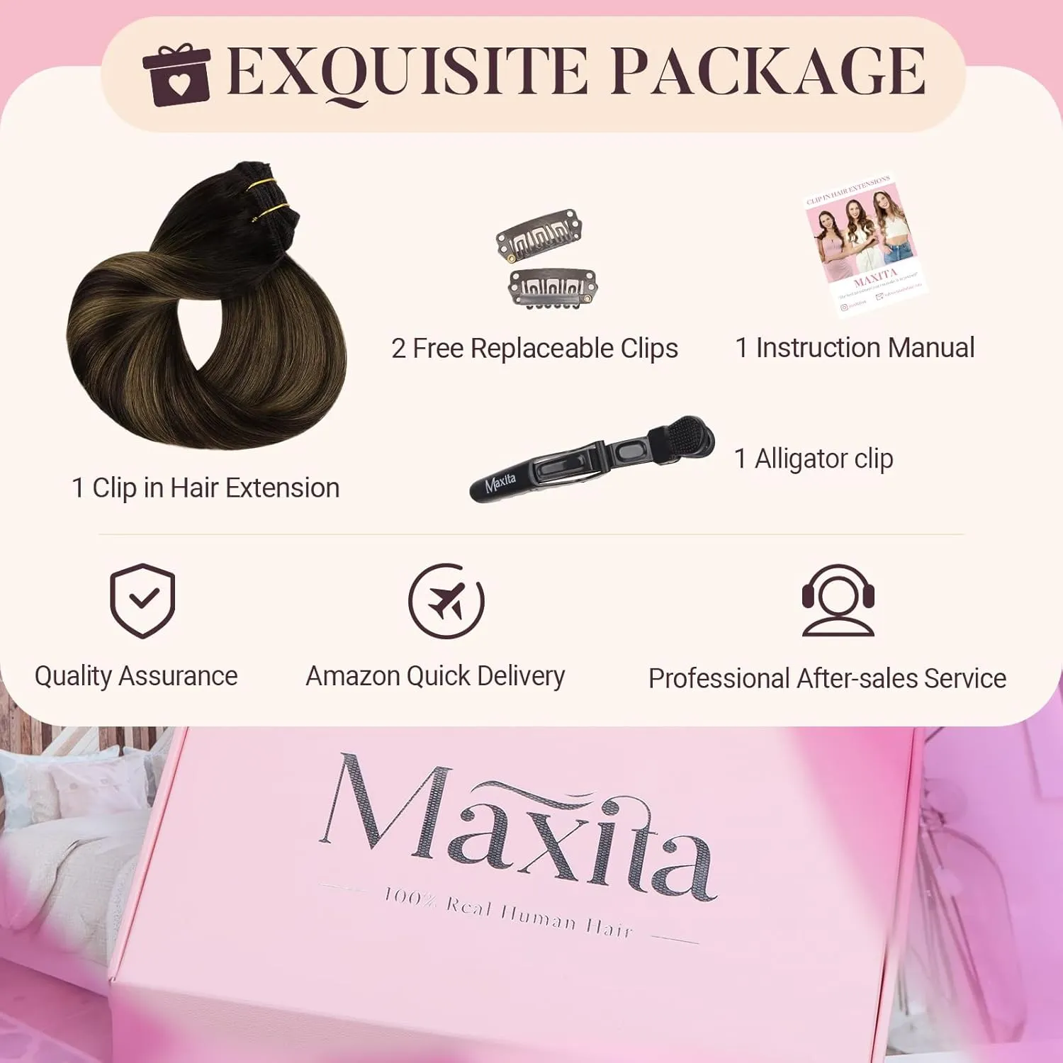 MAXITA Clip in Hair Extensions Real Human Hair, 120g 7pcs Balayage Dark Brown Mixed Chestnut Brown 18 Inch, Human Hair Extensions Straight Hair Extensions Clip in Human Hair