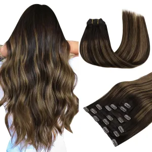 MAXITA Clip in Hair Extensions Real Human Hair, 120g 7pcs Balayage Dark Brown Mixed Chestnut Brown 18 Inch, Human Hair Extensions Straight Hair Extensions Clip in Human Hair