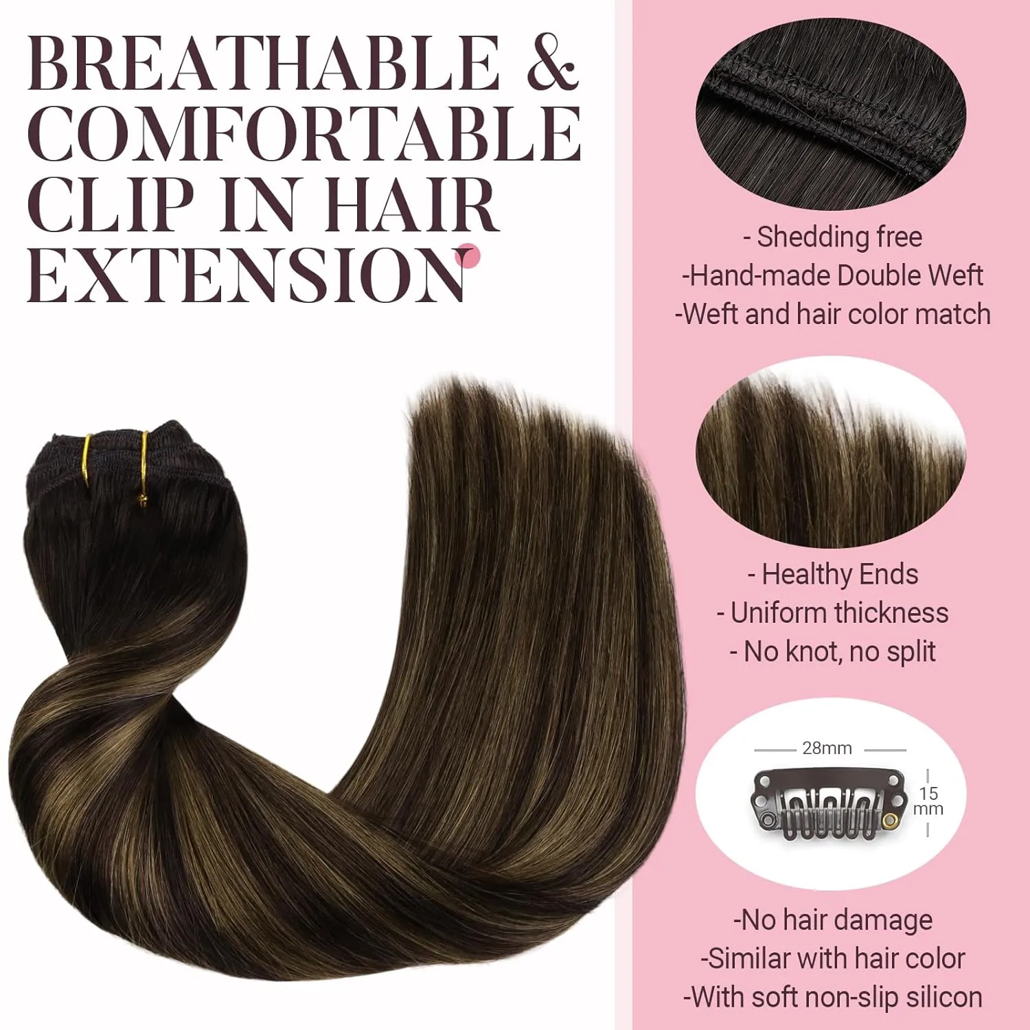 MAXITA Clip in Hair Extensions Real Human Hair, 120g 7pcs Balayage Dark Brown Mixed Chestnut Brown 18 Inch, Human Hair Extensions Straight Hair Extensions Clip in Human Hair