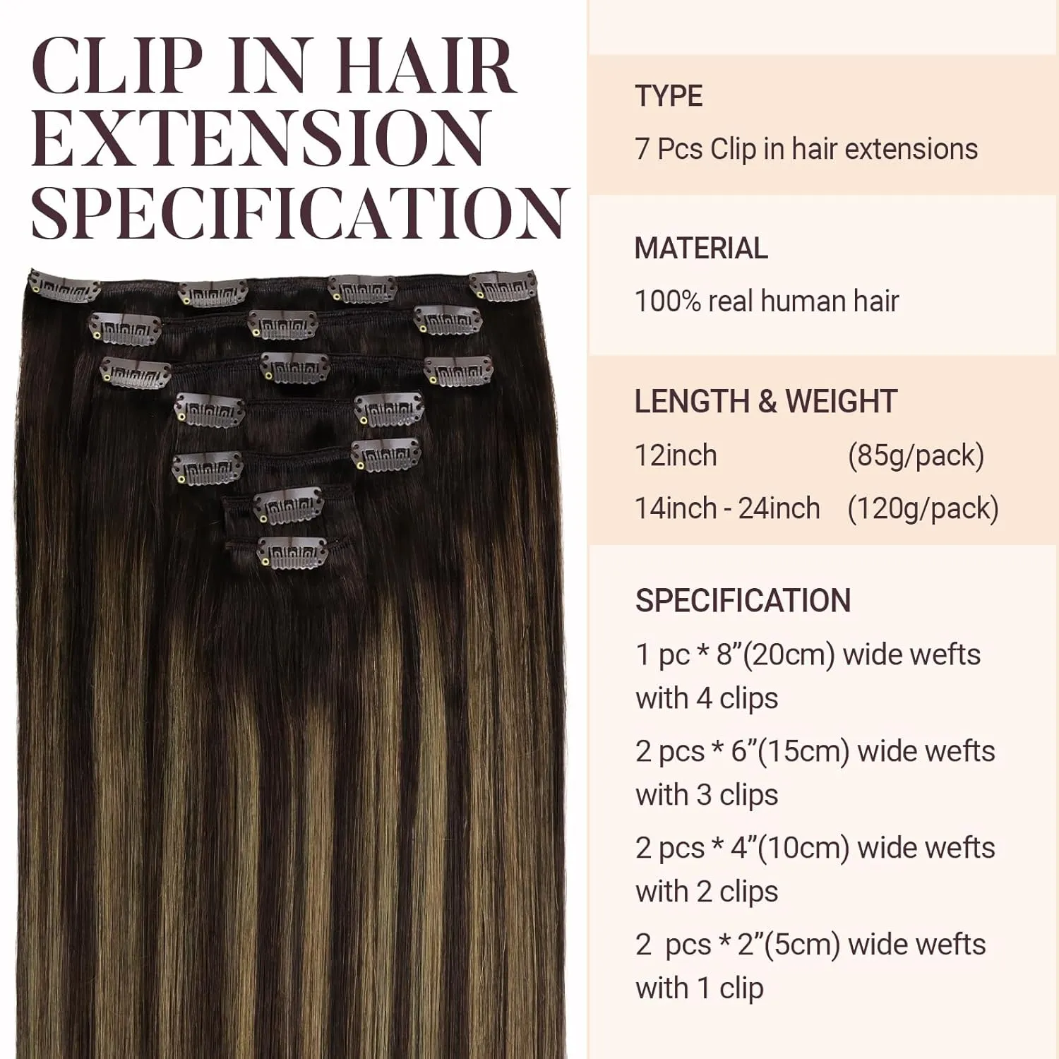 MAXITA Clip in Hair Extensions Real Human Hair, 120g 7pcs Balayage Dark Brown Mixed Chestnut Brown 18 Inch, Human Hair Extensions Straight Hair Extensions Clip in Human Hair