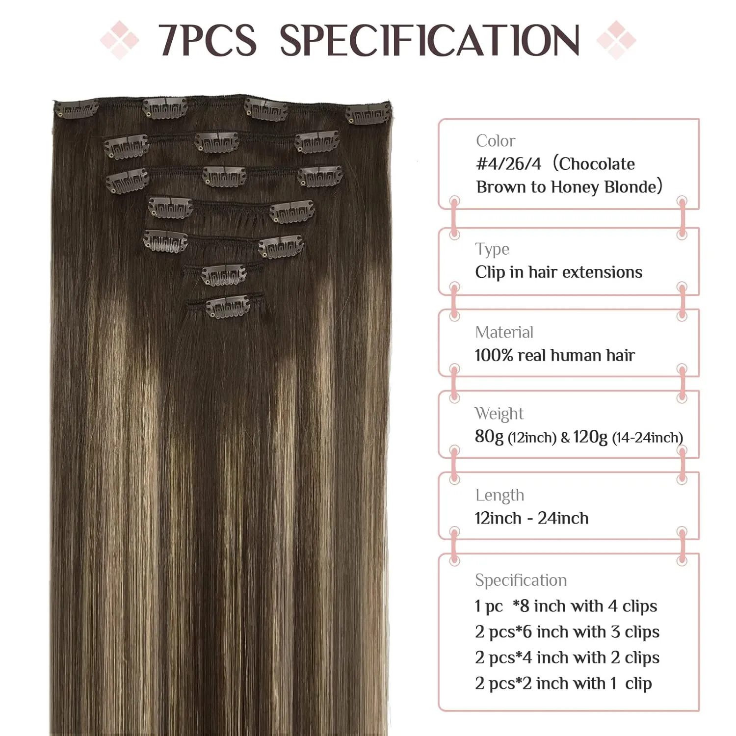 MAXITA Human Hair Extensions Clip in, 7pcs 12 Inch Balayage Chocolate Brown to Honey Blonde 80g, Real Human Hair Extensions Clip in Straight Natural Hair Extensions for Woman