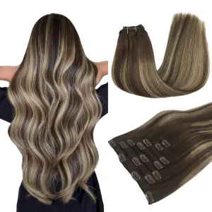 MAXITA Human Hair Extensions Clip in, 7pcs 12 Inch Balayage Chocolate Brown to Honey Blonde 80g, Real Human Hair Extensions Clip in Straight Natural Hair Extensions for Woman
