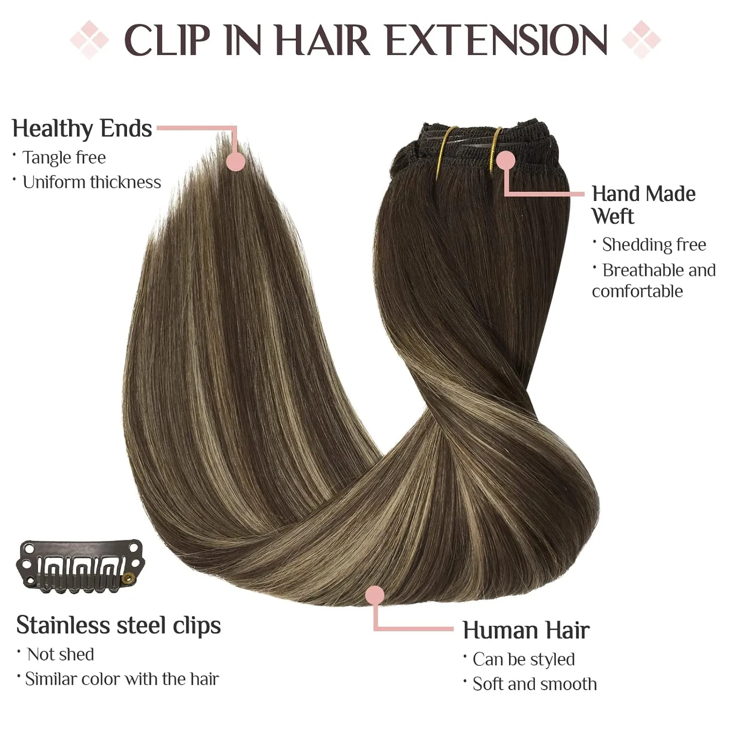 MAXITA Human Hair Extensions Clip in, 7pcs 12 Inch Balayage Chocolate Brown to Honey Blonde 80g, Real Human Hair Extensions Clip in Straight Natural Hair Extensions for Woman