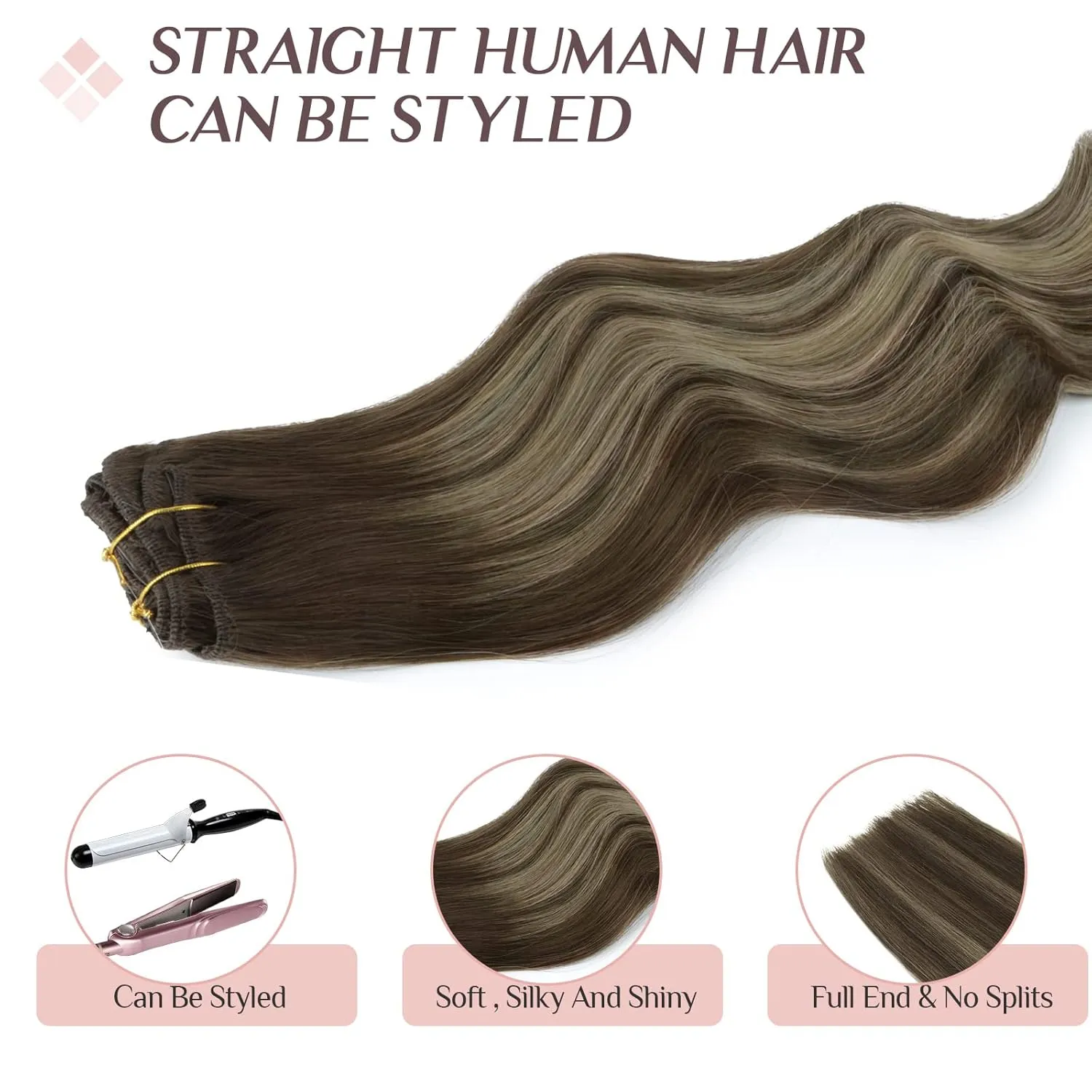 MAXITA Human Hair Extensions Clip in, 7pcs 12 Inch Balayage Chocolate Brown to Honey Blonde 80g, Real Human Hair Extensions Clip in Straight Natural Hair Extensions for Woman
