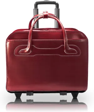 McKlein 17" Leather Patented Detachable -Wheeled Ladies' Laptop Briefcase- WILLOWBROOK- Red