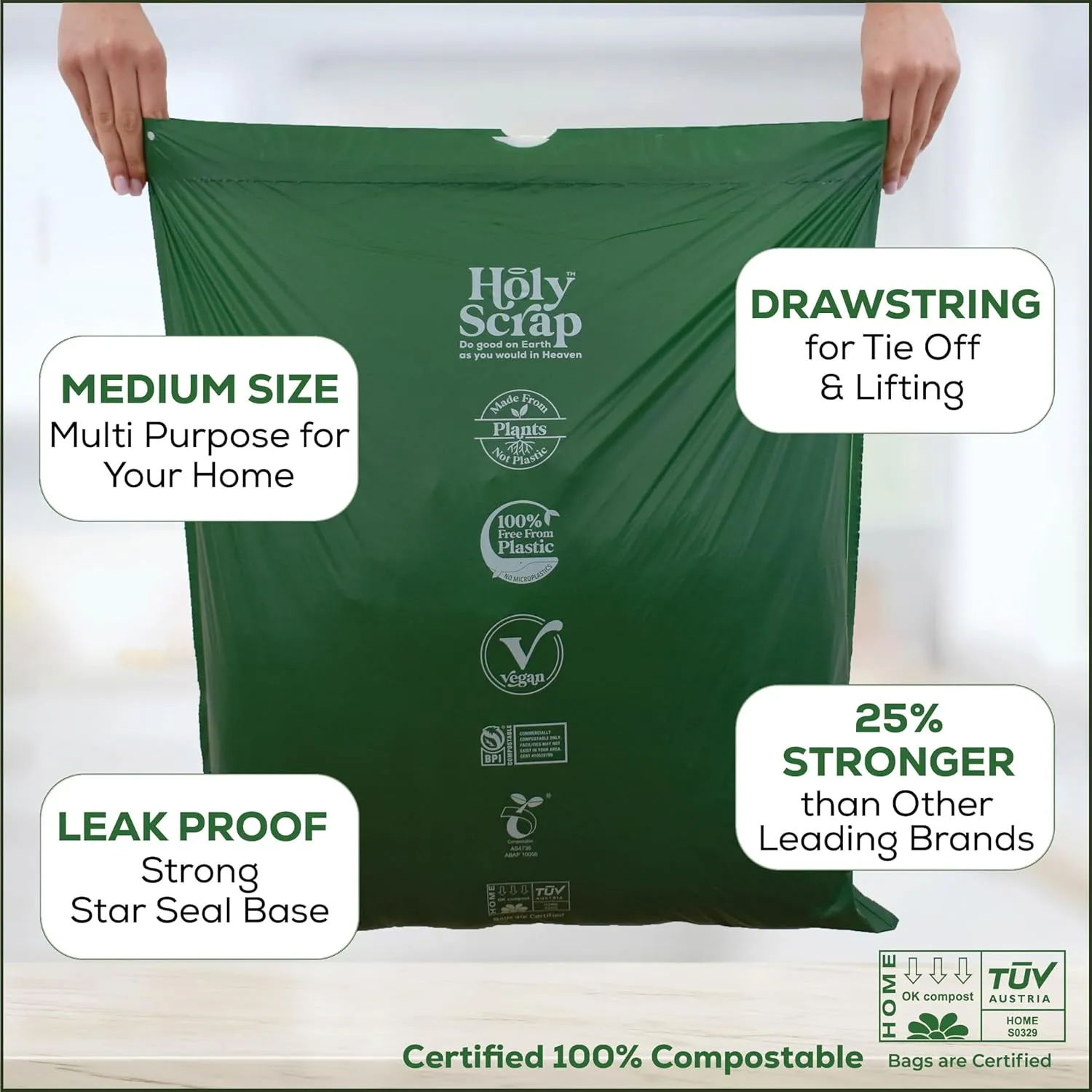 Medium Compostable Drawstring Trash Bags - 6-8 Gallon, 45 Pack | Plastic-Free Kitchen & Bathroom Garbage Bags with Drawstring Handles | Thick Bin Bag Liners for Green & Food Waste