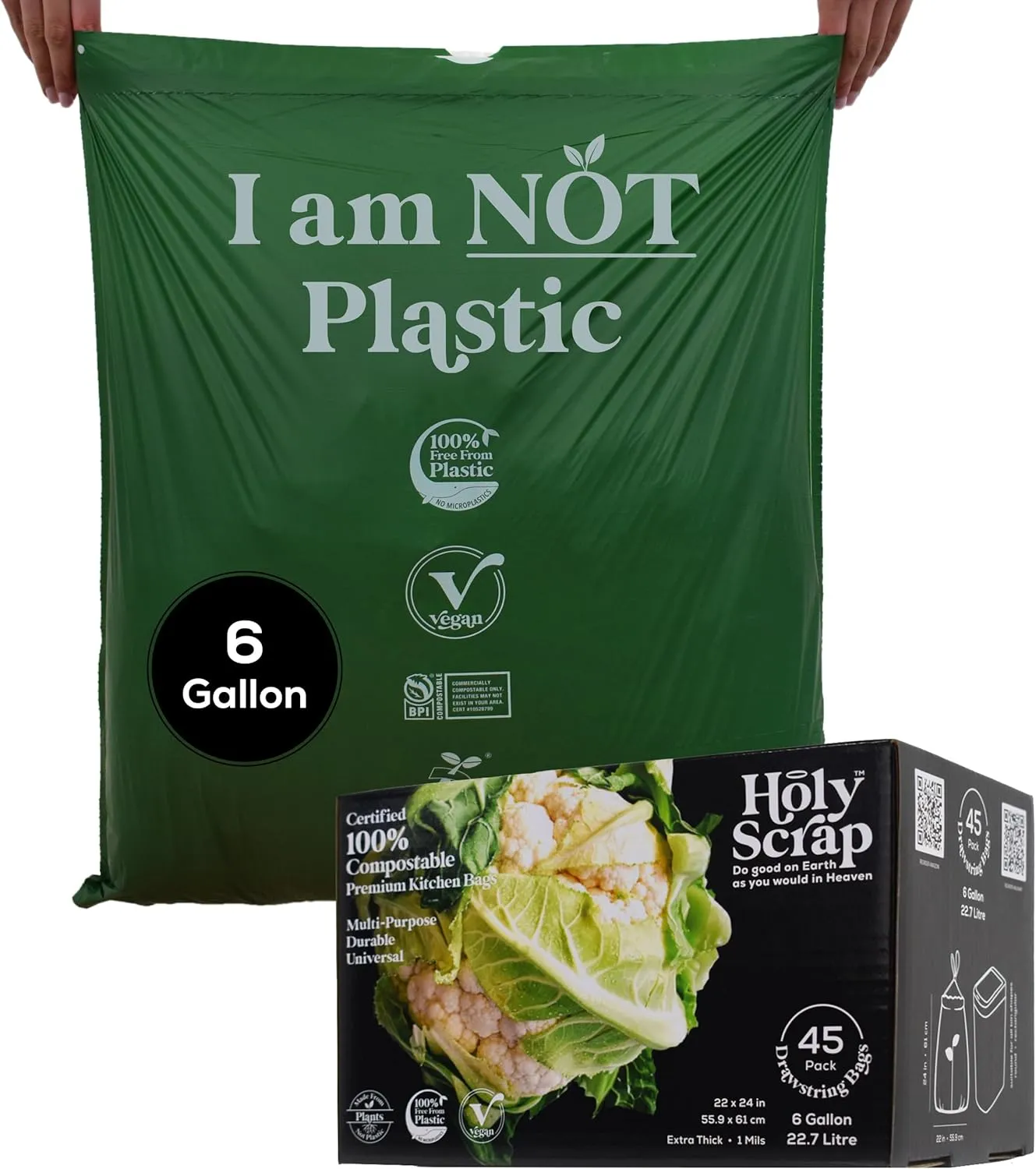 Medium Compostable Drawstring Trash Bags - 6-8 Gallon, 45 Pack | Plastic-Free Kitchen & Bathroom Garbage Bags with Drawstring Handles | Thick Bin Bag Liners for Green & Food Waste