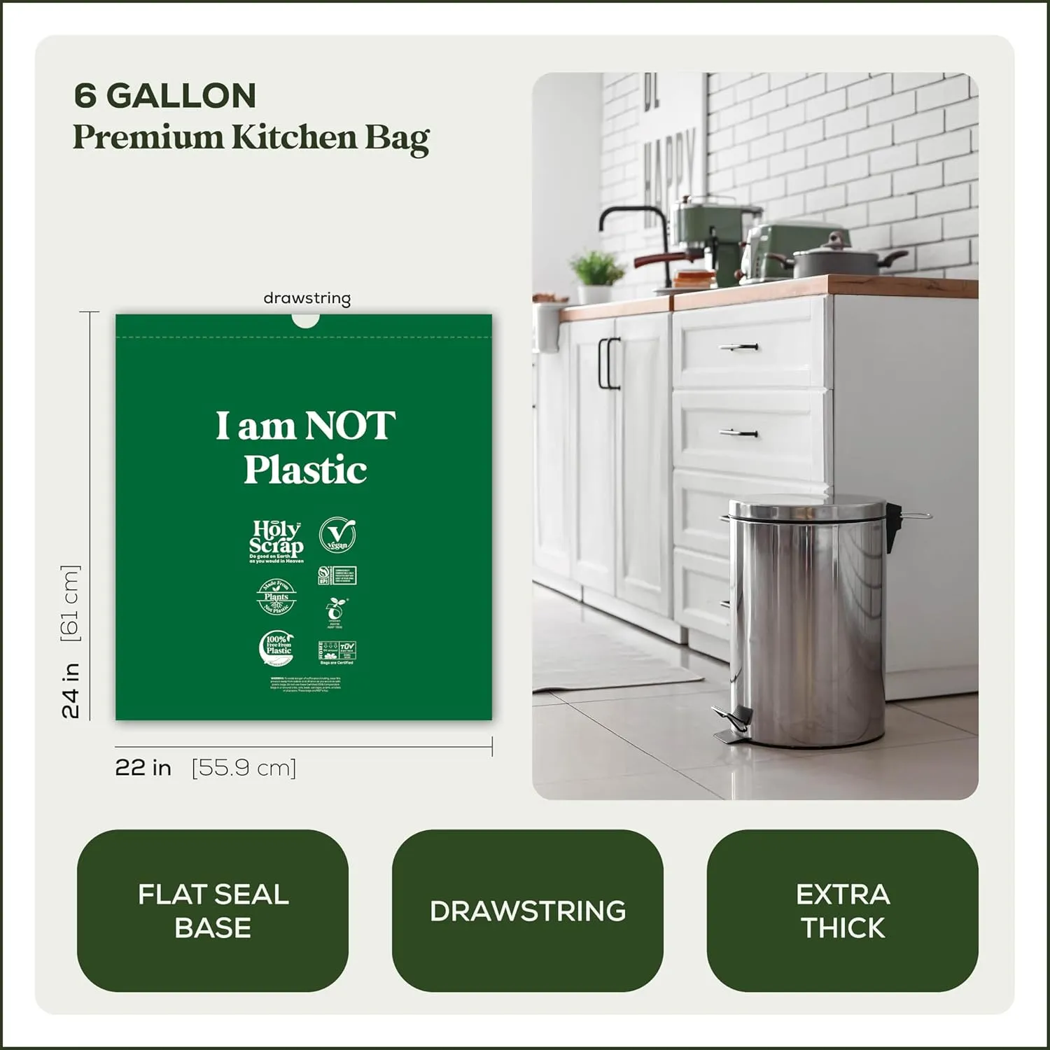 Medium Compostable Drawstring Trash Bags - 6-8 Gallon, 45 Pack | Plastic-Free Kitchen & Bathroom Garbage Bags with Drawstring Handles | Thick Bin Bag Liners for Green & Food Waste