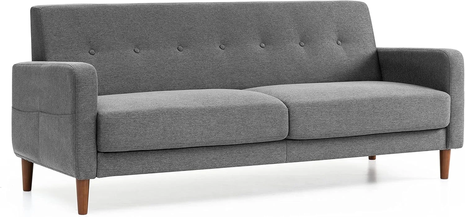 Mellow Adair Mid-Century Modern Sofa Couch with Armrest Pockets, Tufted Linen Fabric, Dark Heather Grey