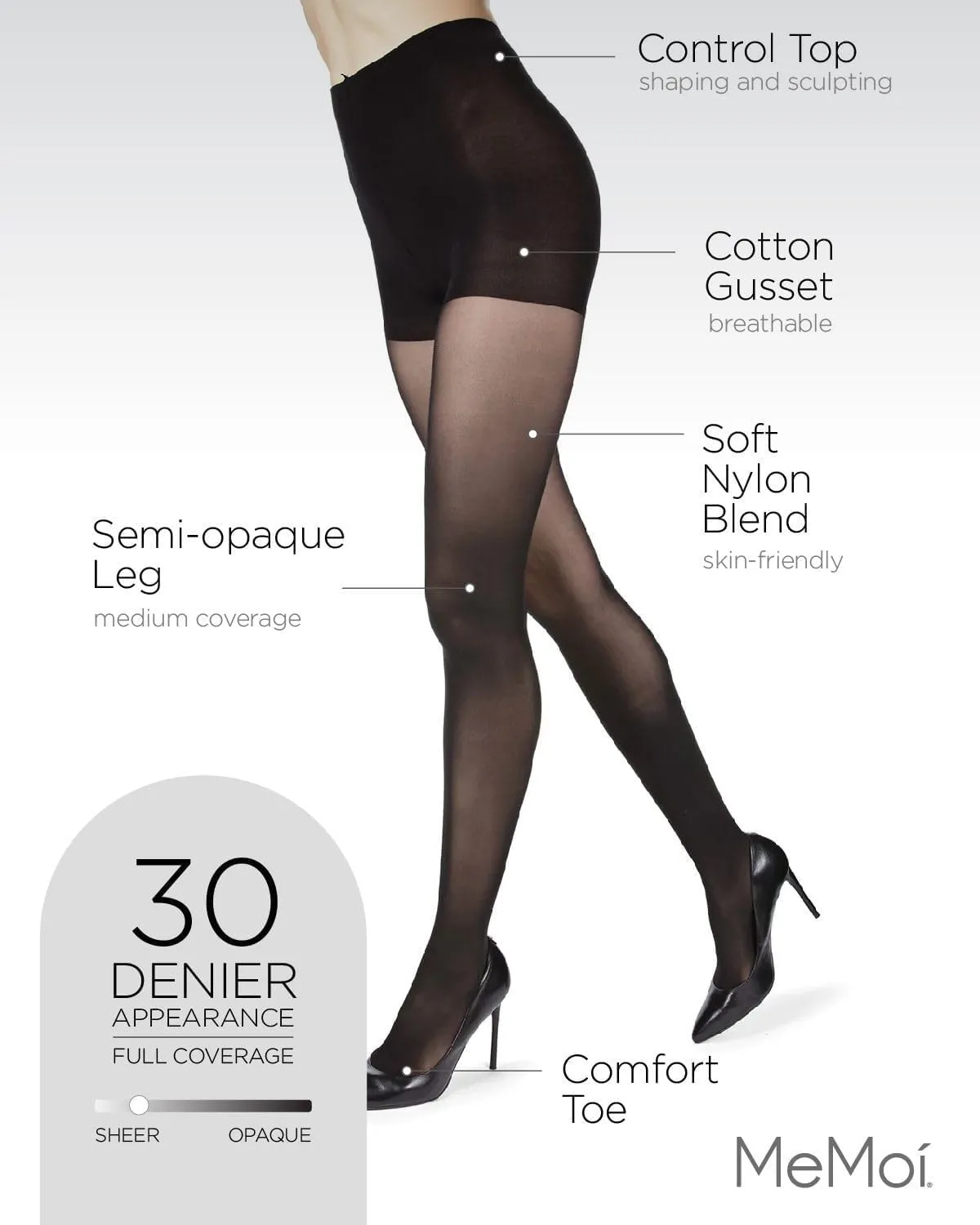 MeMoi Velveteen Semi Opaque Tights, Comfortable and Lightweight Control Top Tights, 30 Denier - Sizes S-Q2