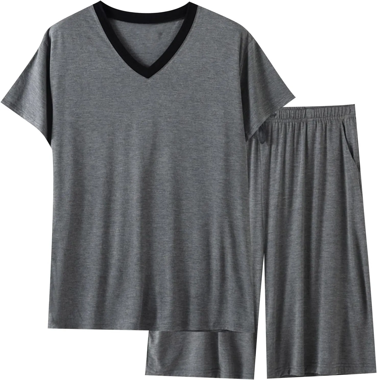 Men 2 Piece Sleepwear Pajama Sets Soft Comfort Summer Short Sleeve and Shorts Sleep Sets Loose Nightwear with Pocket
