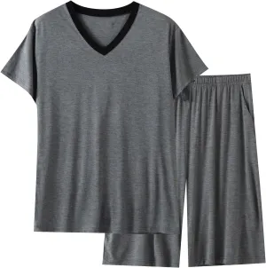 Men 2 Piece Sleepwear Pajama Sets Soft Comfort Summer Short Sleeve and Shorts Sleep Sets Loose Nightwear with Pocket