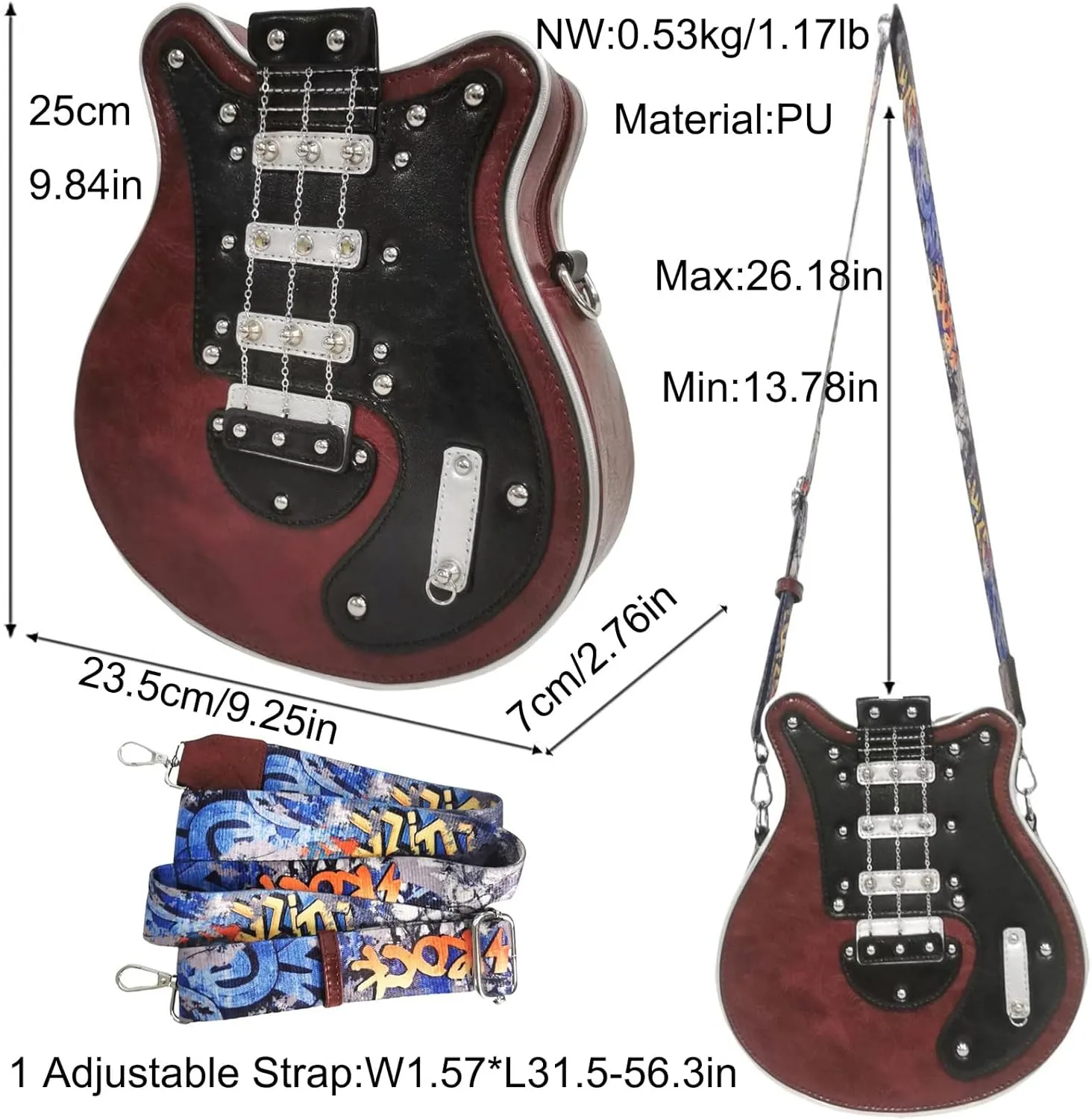 Men and Women Guitar Shaped Crossbody Shoulder Bag PU Leather Unique Novelty Guitar Purse