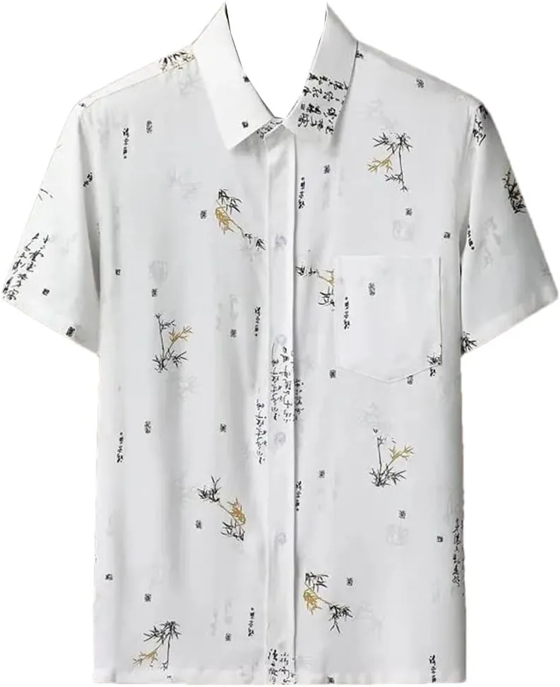 Men Dad Printed Cotton Linen Shirt Tang Suit Ethnic Style Suit (Shirt   Pants)