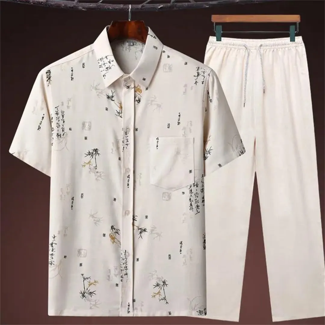 Men Dad Printed Cotton Linen Shirt Tang Suit Ethnic Style Suit (Shirt   Pants)