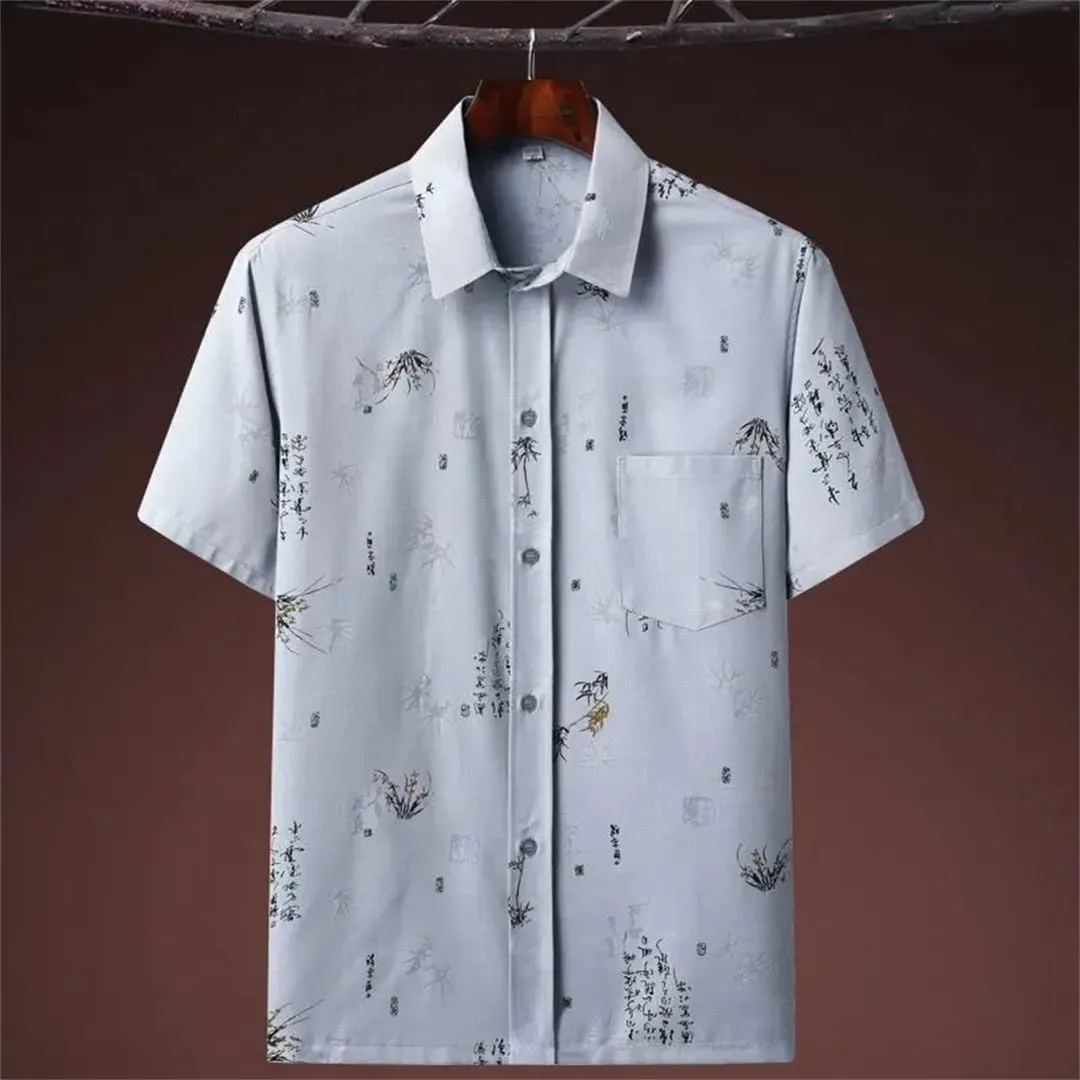 Men Dad Printed Cotton Linen Shirt Tang Suit Ethnic Style Suit (Shirt   Pants)