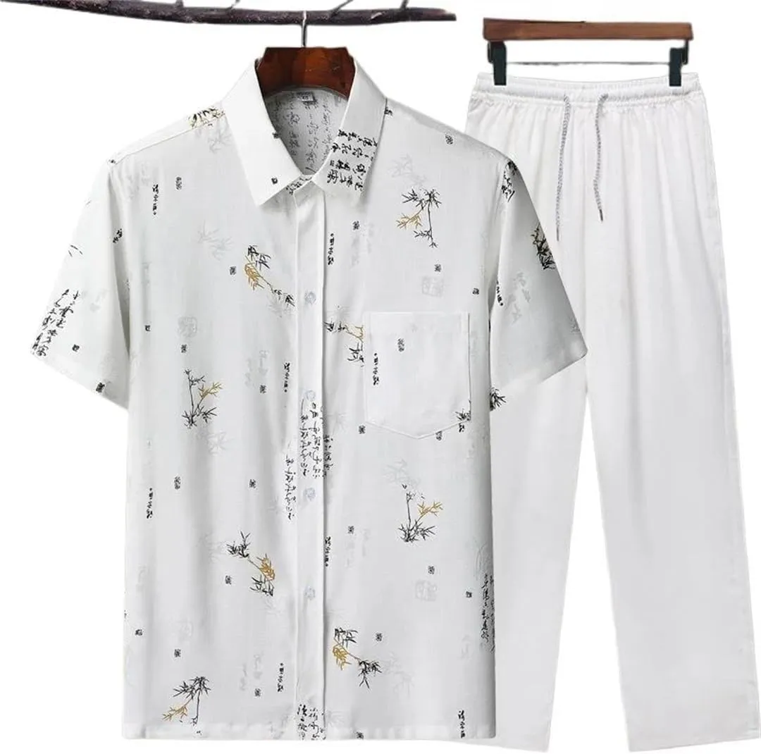 Men Dad Printed Cotton Linen Shirt Tang Suit Ethnic Style Suit (Shirt   Pants)
