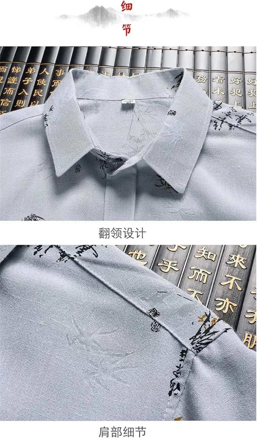 Men Dad Printed Cotton Linen Shirt Tang Suit Ethnic Style Suit (Shirt   Pants)