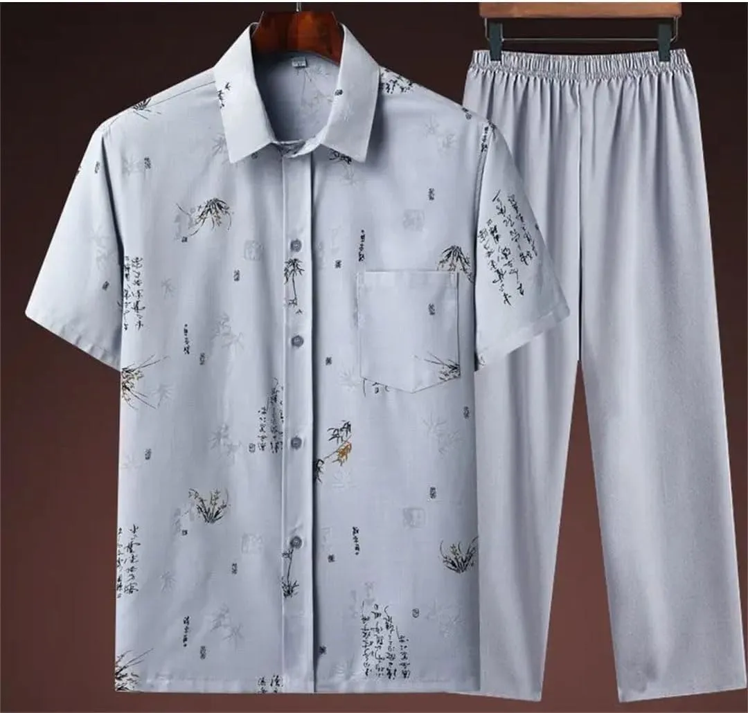 Men Dad Printed Cotton Linen Shirt Tang Suit Ethnic Style Suit (Shirt   Pants)