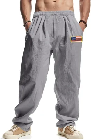Men Summer Linen Pants USA Flag Splicing Hip Hop Pants Elastic Waist Drawstring Wide Leg Yoga Beach Trousers
