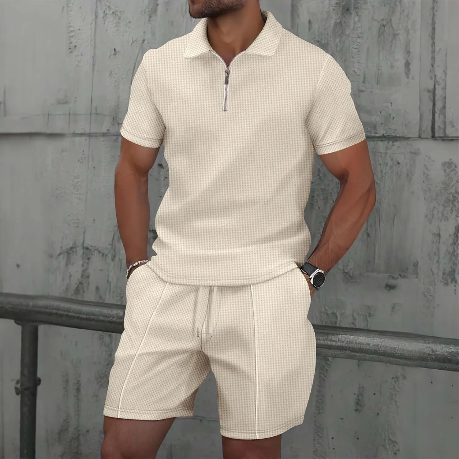 Mens 2 Piece Outfits Casual Tracksuit Polos Shirts and Shorts Golf Sportwear Men Stylish Textured Summer Workout Sets