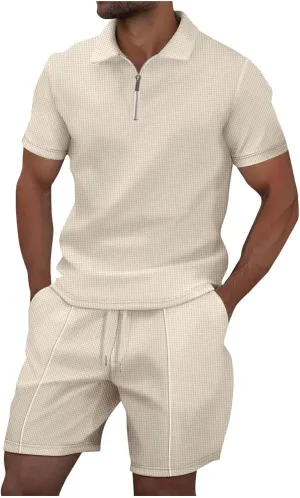 Mens 2 Piece Outfits Casual Tracksuit Polos Shirts and Shorts Golf Sportwear Men Stylish Textured Summer Workout Sets