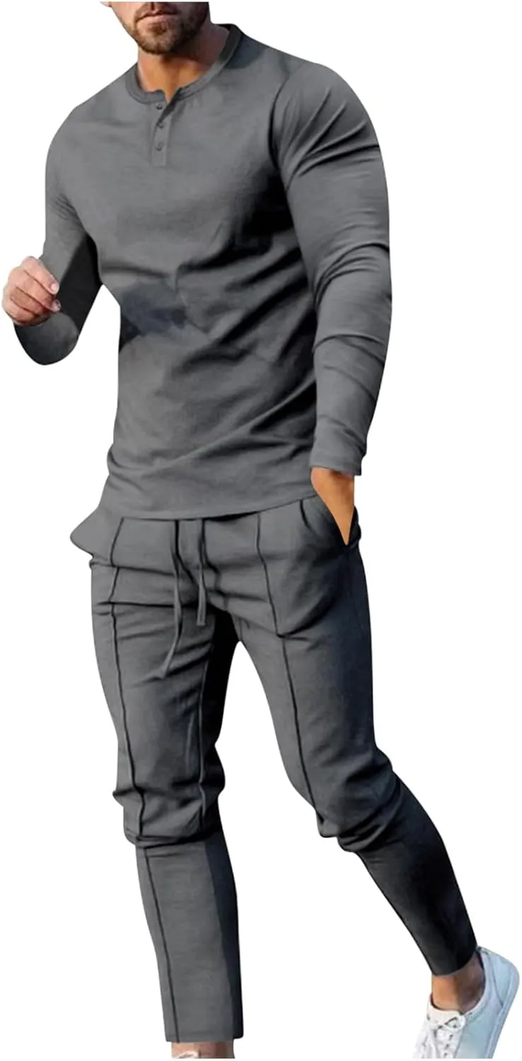 Men's 2 Piece Tracksuit Set Jogging Sweatsuit Outfits Solid Long Sleeve Button Down Shirt and Sport Sweatpant Set
