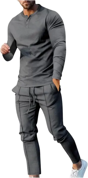 Men's 2 Piece Tracksuit Set Jogging Sweatsuit Outfits Solid Long Sleeve Button Down Shirt and Sport Sweatpant Set