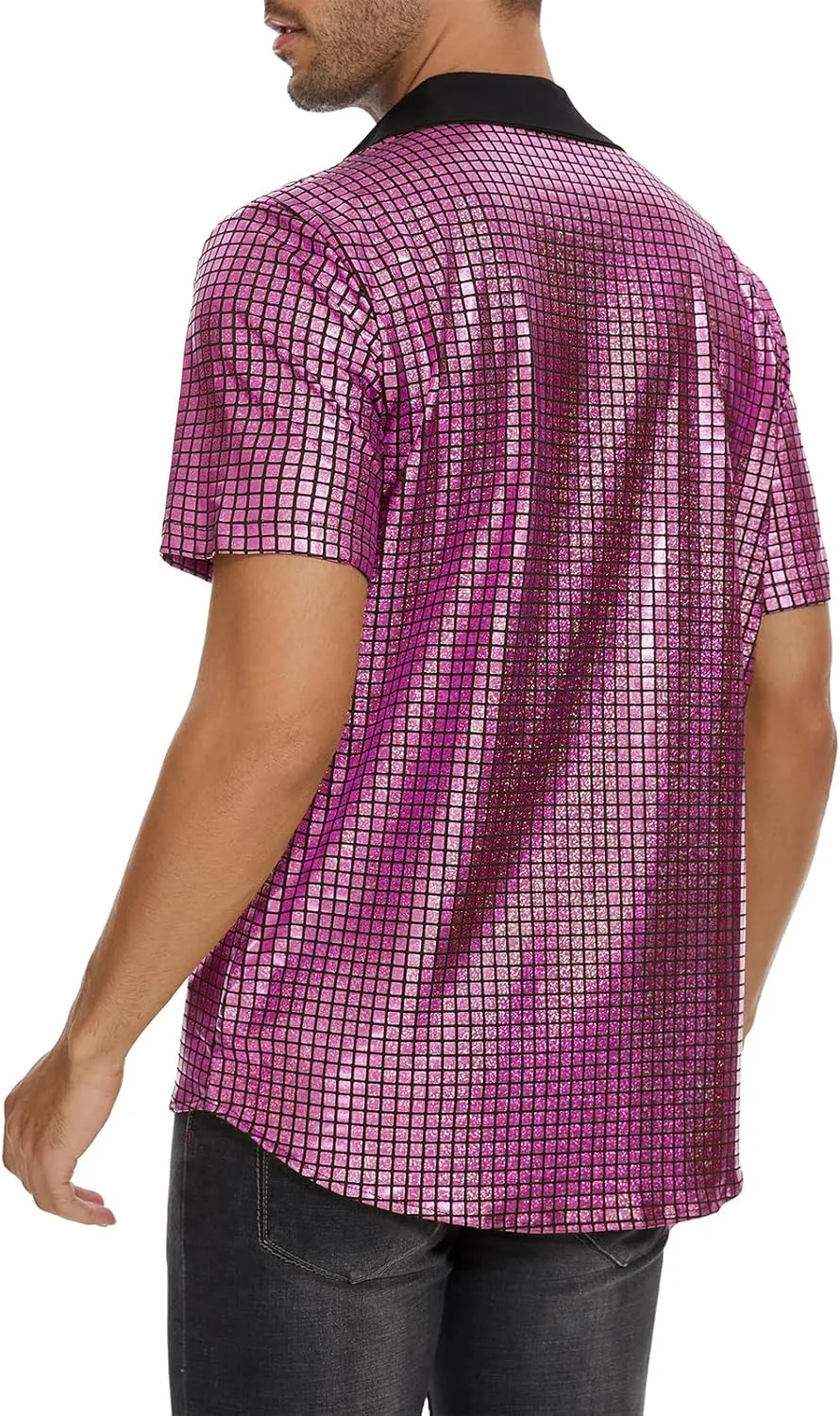 Mens 70S Disco Outfits Sequin Shirt Short Sleeve Button Down Shirts Party Novelty Shirts Nightclub Christmas Prom Costume