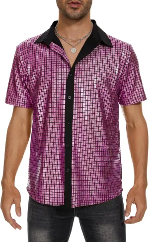 Mens 70S Disco Outfits Sequin Shirt Short Sleeve Button Down Shirts Party Novelty Shirts Nightclub Christmas Prom Costume