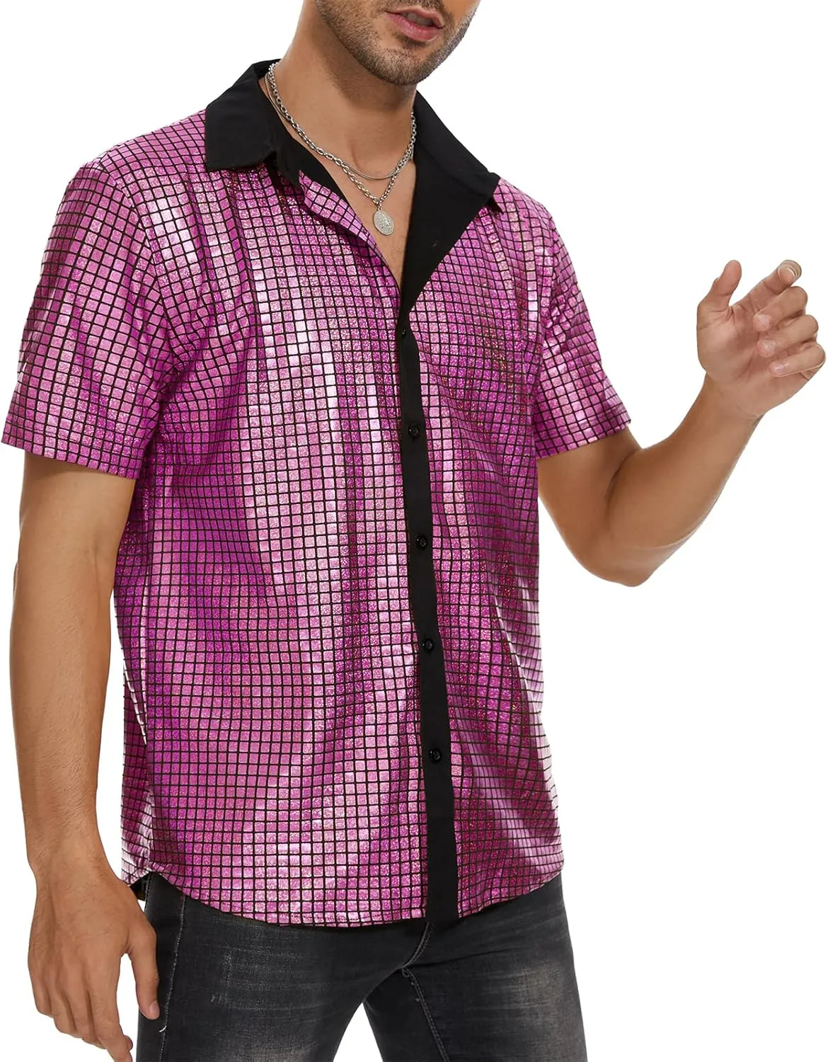 Mens 70S Disco Outfits Sequin Shirt Short Sleeve Button Down Shirts Party Novelty Shirts Nightclub Christmas Prom Costume
