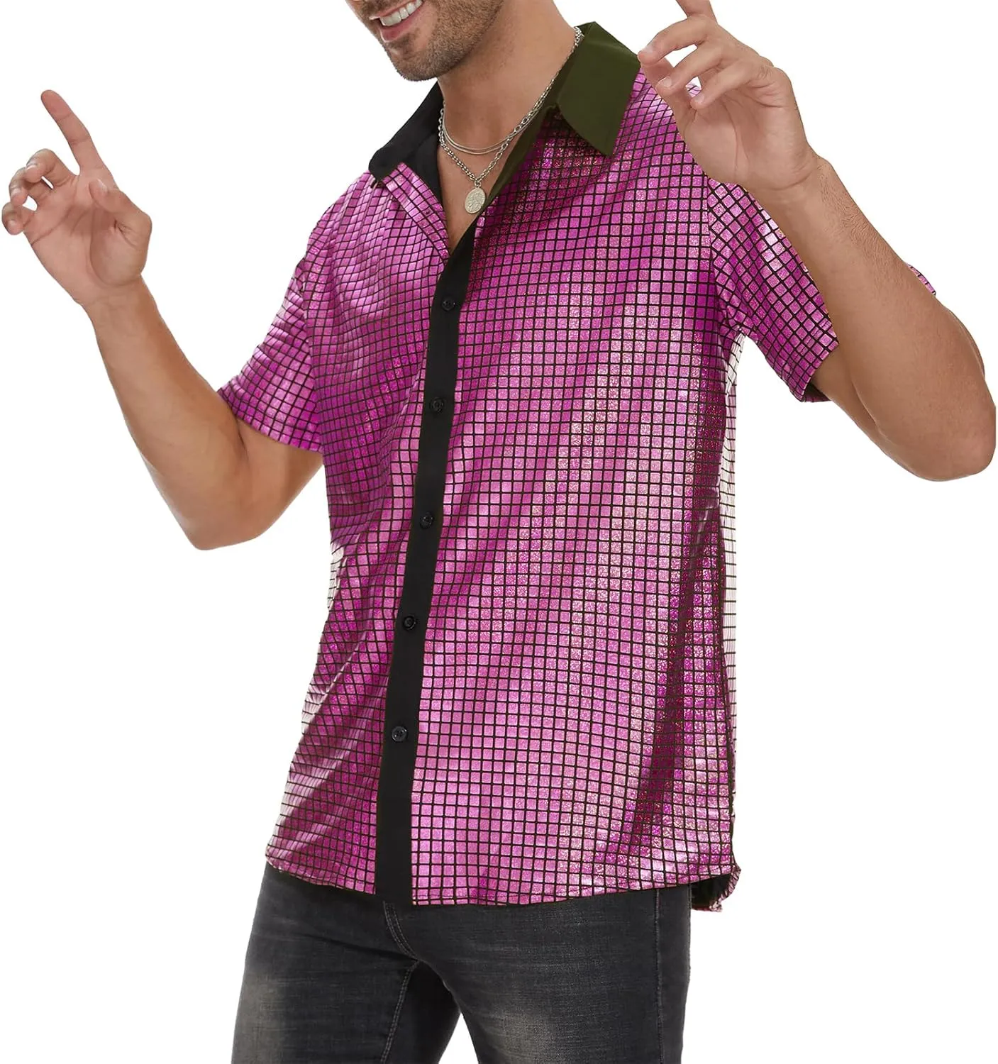 Mens 70S Disco Outfits Sequin Shirt Short Sleeve Button Down Shirts Party Novelty Shirts Nightclub Christmas Prom Costume