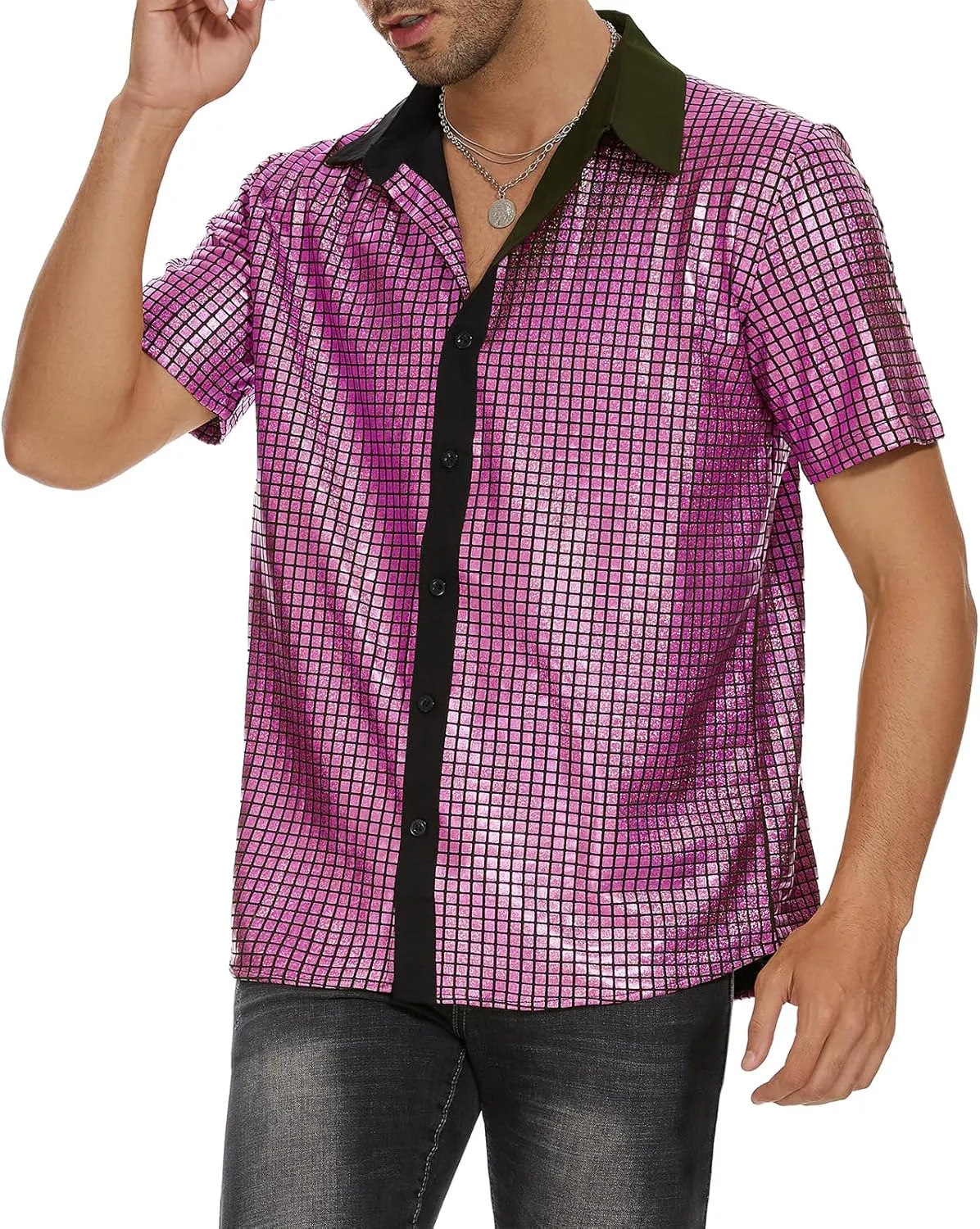 Mens 70S Disco Outfits Sequin Shirt Short Sleeve Button Down Shirts Party Novelty Shirts Nightclub Christmas Prom Costume