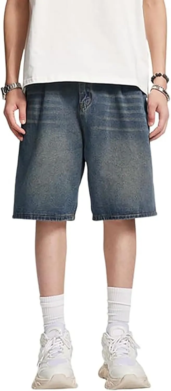 Mens Baggy Jean Shorts Loose Fit Below Knee Denim Shorts Summer Casual Y2K Grunge Streetwear Clothes