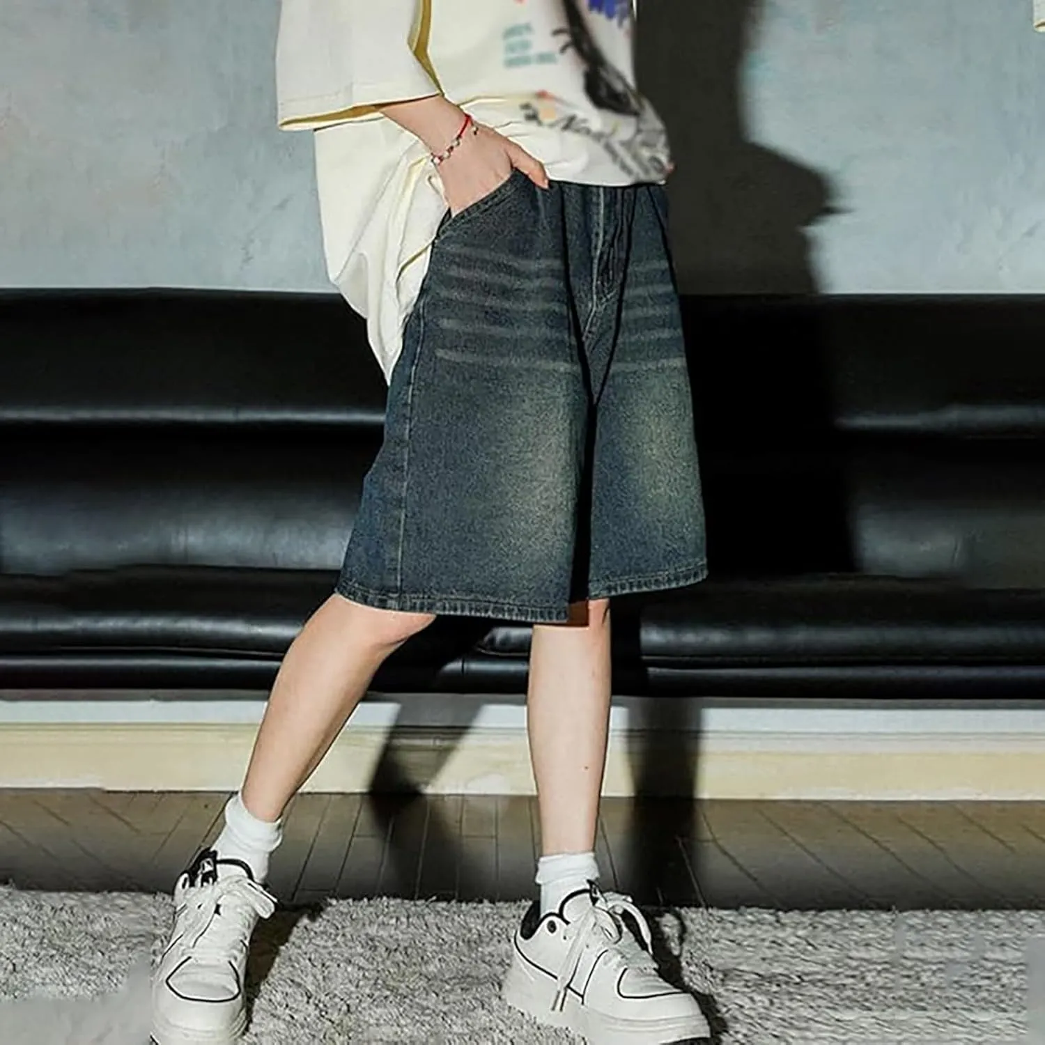 Mens Baggy Jean Shorts Loose Fit Below Knee Denim Shorts Summer Casual Y2K Grunge Streetwear Clothes