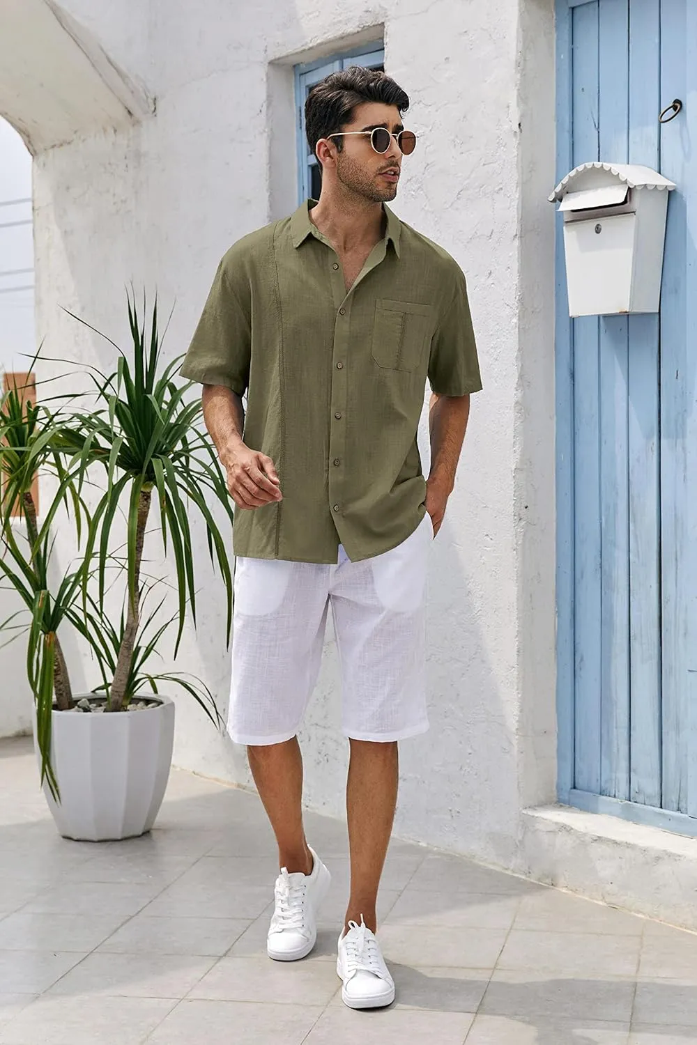Mens Beach Linen Shirts Short Sleeve Cuban Button Down Casual Summer T Shirt Guayabera Hawaiian Tee Loose Fit Tops
